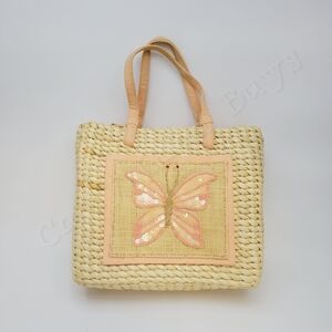 Cornhusk Handbag Purse w/ Beaded Sequin Butterfly Detail, Lined, Inner Pocket